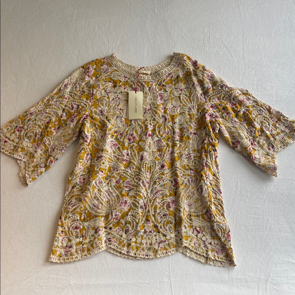 SOLTAIRE WOMENS EMBROIDERED 3/4 SLEEVE BLOUSE NWT SIZE S